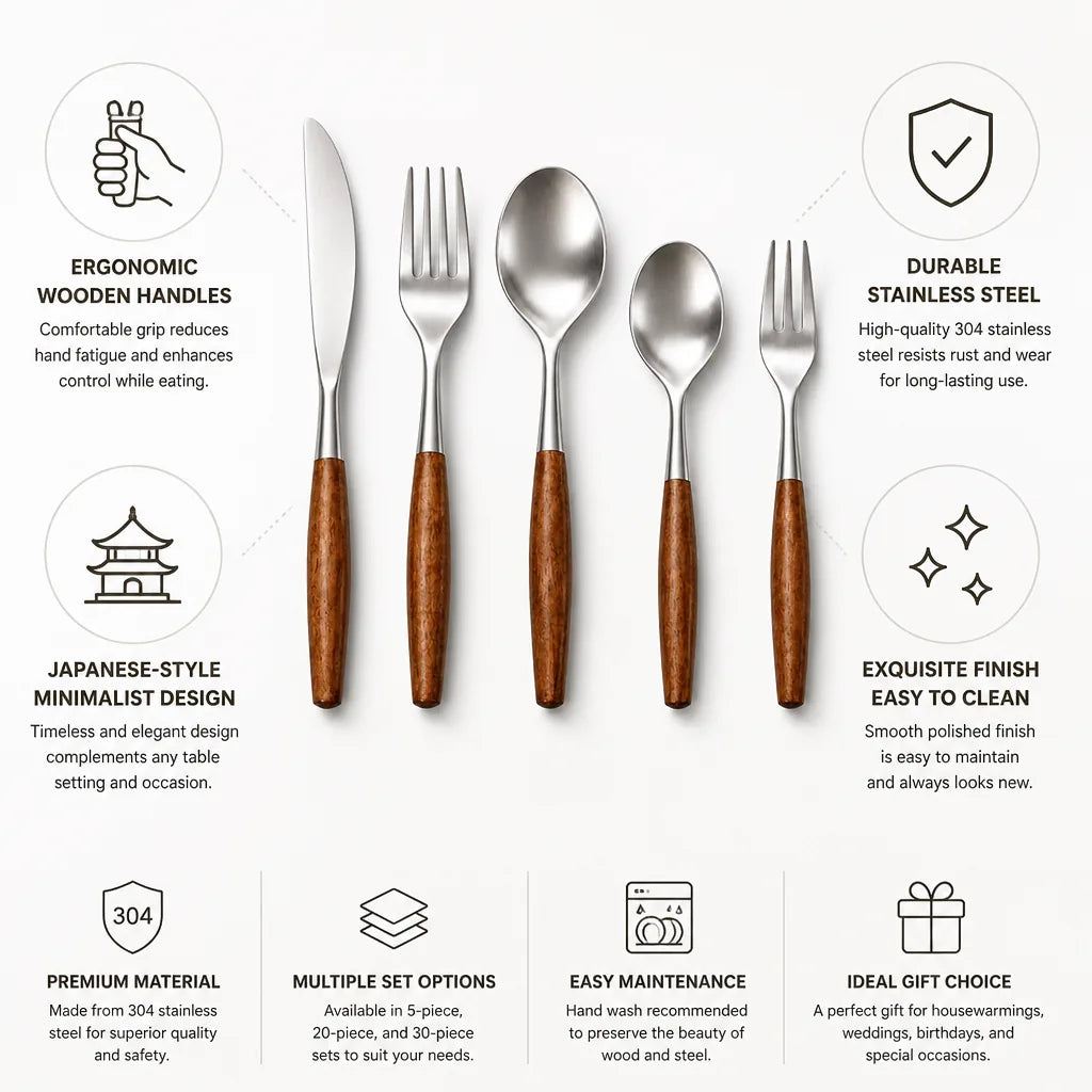 Cutlery Set 304 Stainless Steel Ergonomic Wooden Handles