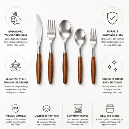 Cutlery Set 304 Stainless Steel Ergonomic Wooden Handles