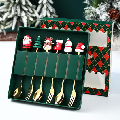 Cutlery Set Gold Finish Santa Handle