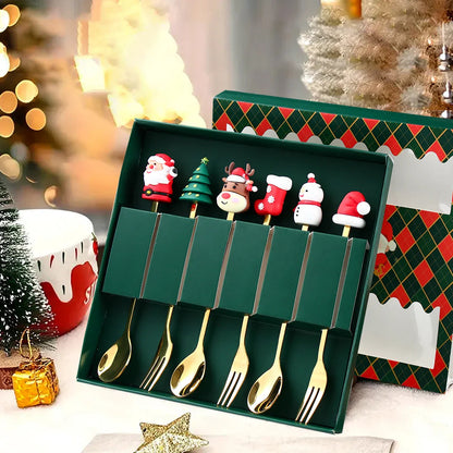 Cutlery Set Gold Finish Santa Handle
