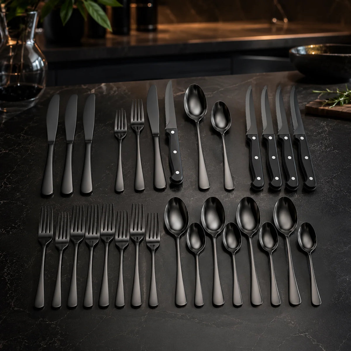 Cutlery Set Matte Black Stainless Steel 24-Piece Dishwasher Safe