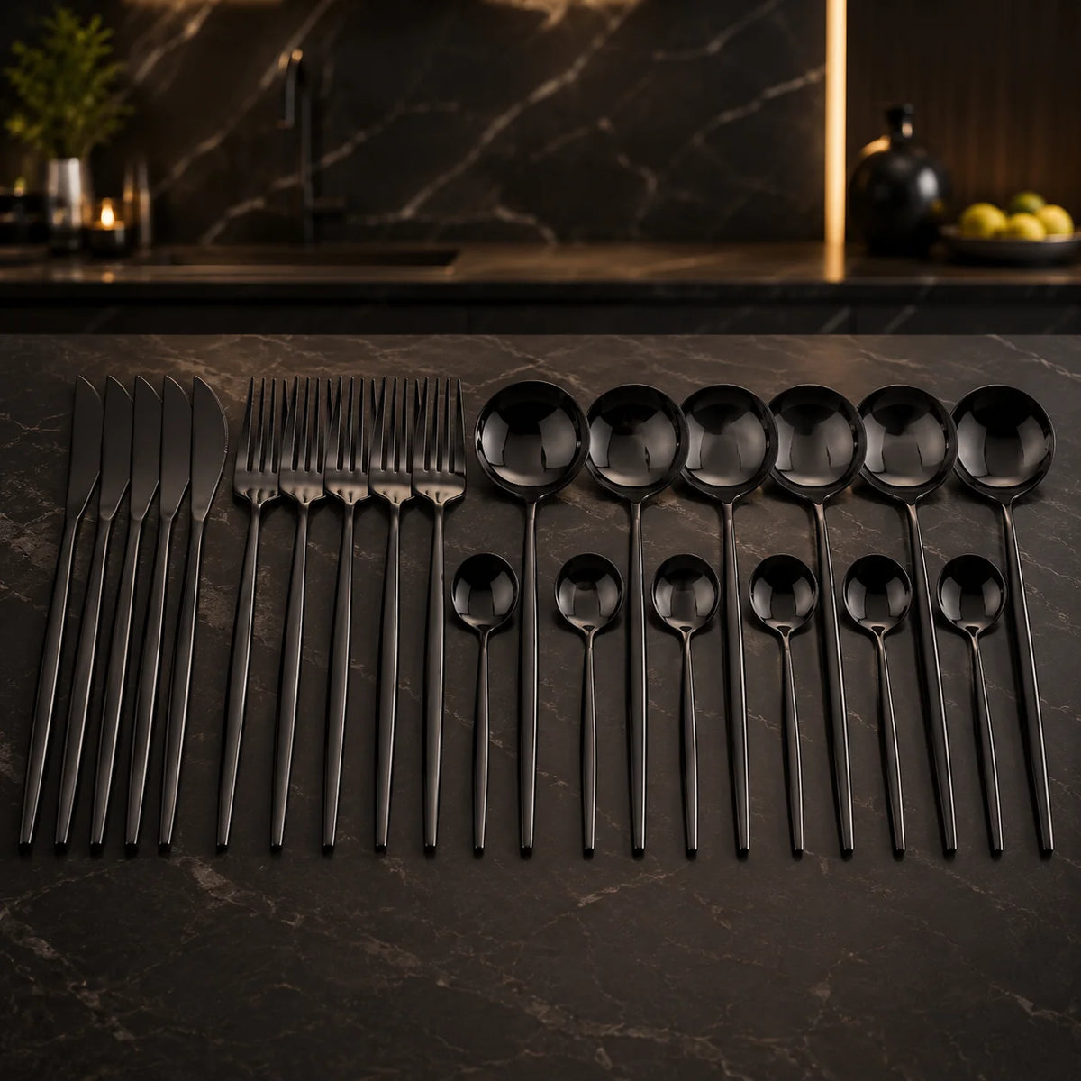 Cutlery Set Matte Black Stainless Steel 24-Piece Dishwasher Safe