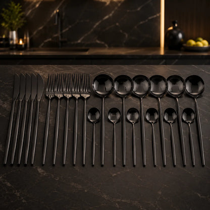 Cutlery Set Matte Black Stainless Steel 24-Piece Dishwasher Safe