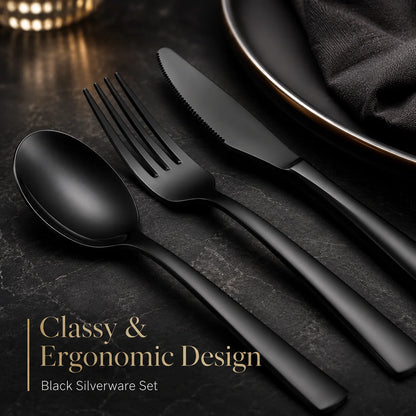 Cutlery Set Matte Black Stainless Steel 24-Piece Dishwasher Safe