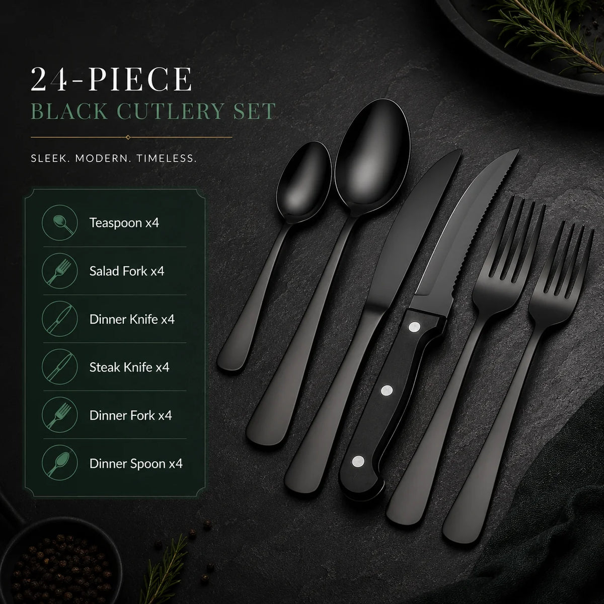 Cutlery Set Matte Black Stainless Steel 24-Piece Dishwasher Safe