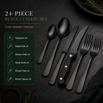 Cutlery Set Matte Black Stainless Steel 24-Piece Dishwasher Safe