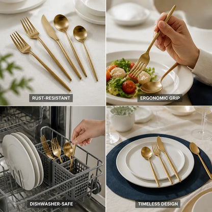 Cutlery Set Matte Stainless Steel Ergonomic Dishwasher-Safe
