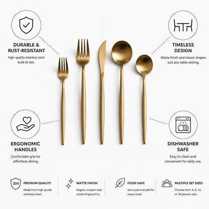 Cutlery Set Matte Stainless Steel Ergonomic Dishwasher-Safe