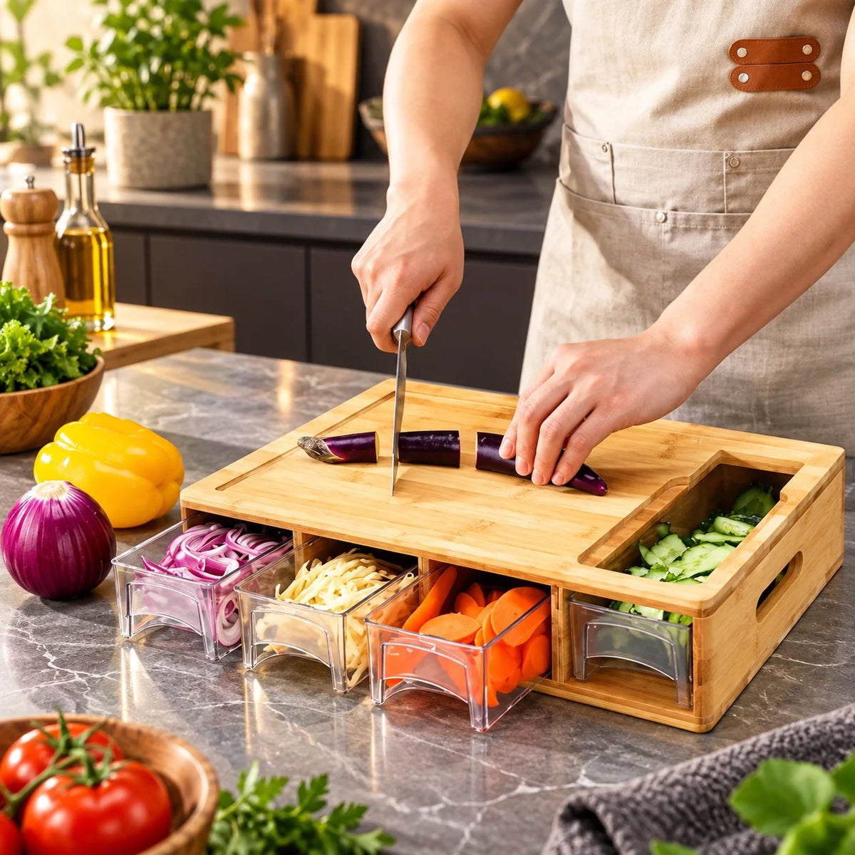 Cutting Board Bamboo 4 Storage Trays & Interchangeable Blades