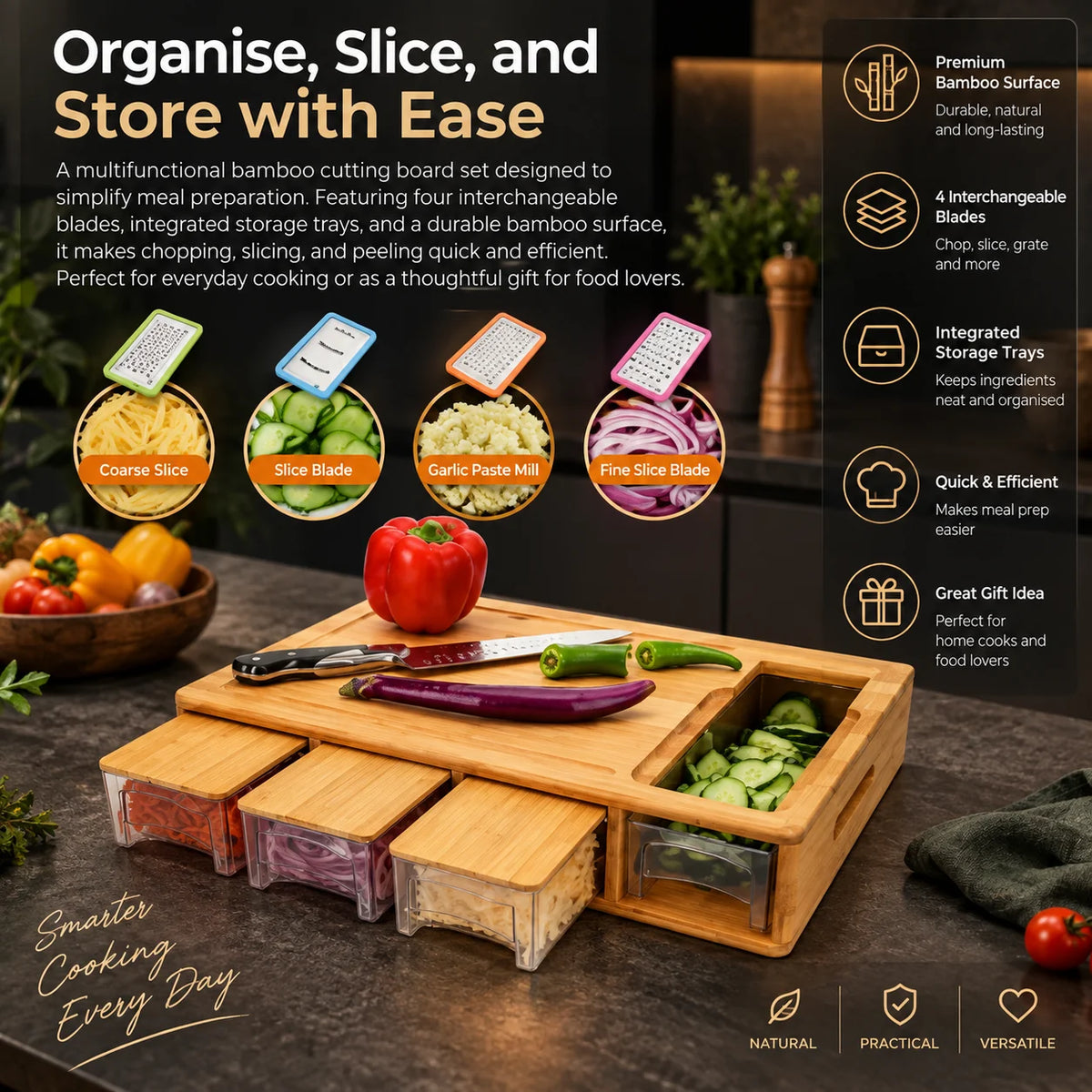 Cutting Board Bamboo 4 Storage Trays & Interchangeable Blades