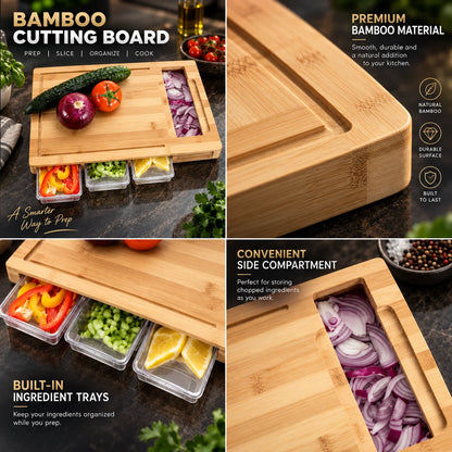 Cutting Board Bamboo 4 Storage Trays & Interchangeable Blades