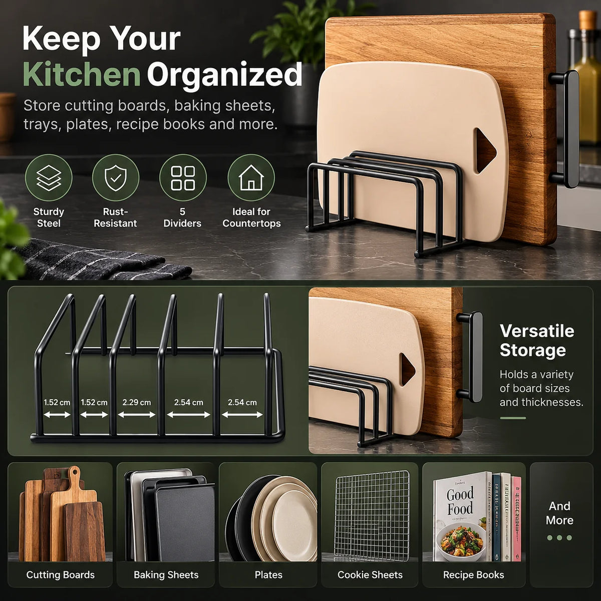 Cutting Board Organizer Upright 5-Slot Steel & Rust-Resistant