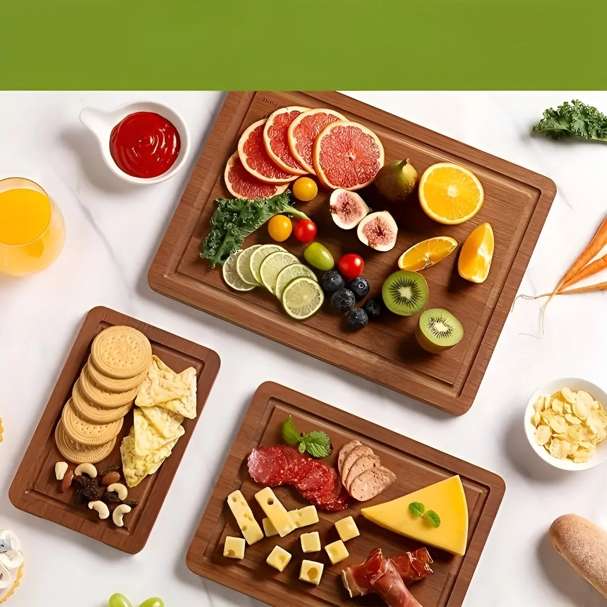 Cutting Board Set Bamboo 3-Piece Food-Safe Prep & Serving