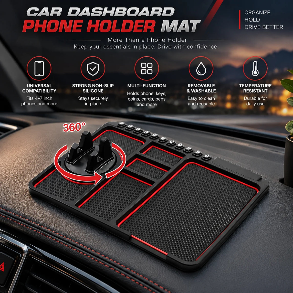 Dashboard Organizer Mat Non-Slip & Washable Silicone