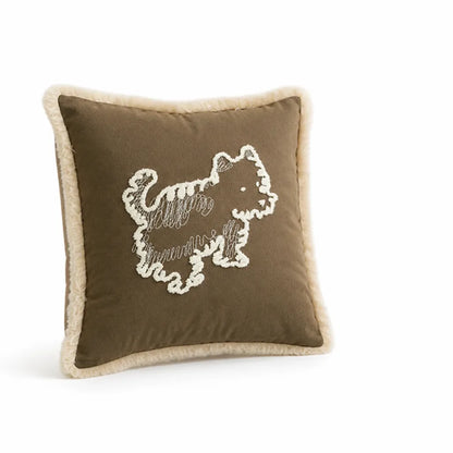 Decorative Pillow Cover Embroidered Dog Fringed Cotton-Linen
