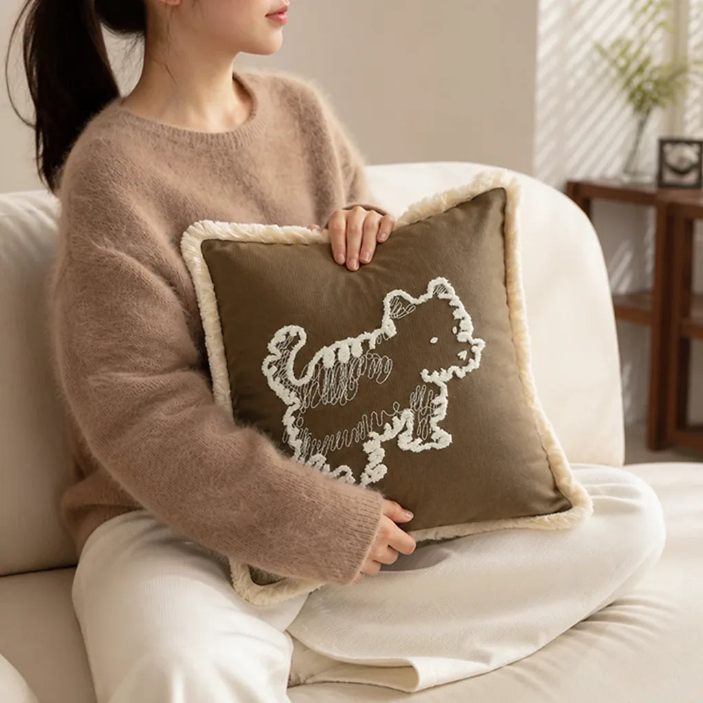 Decorative Pillow Cover Embroidered Dog Fringed Cotton-Linen