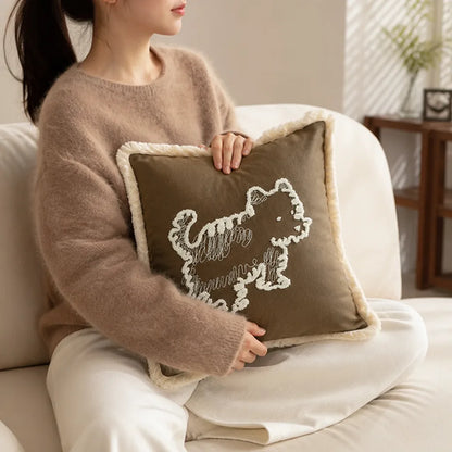 Decorative Pillow Cover Embroidered Dog Fringed Cotton-Linen