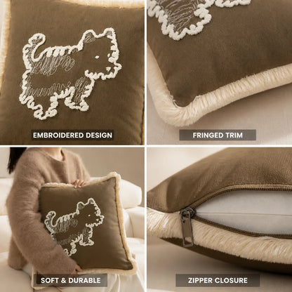 Decorative Pillow Cover Embroidered Dog Fringed Cotton-Linen