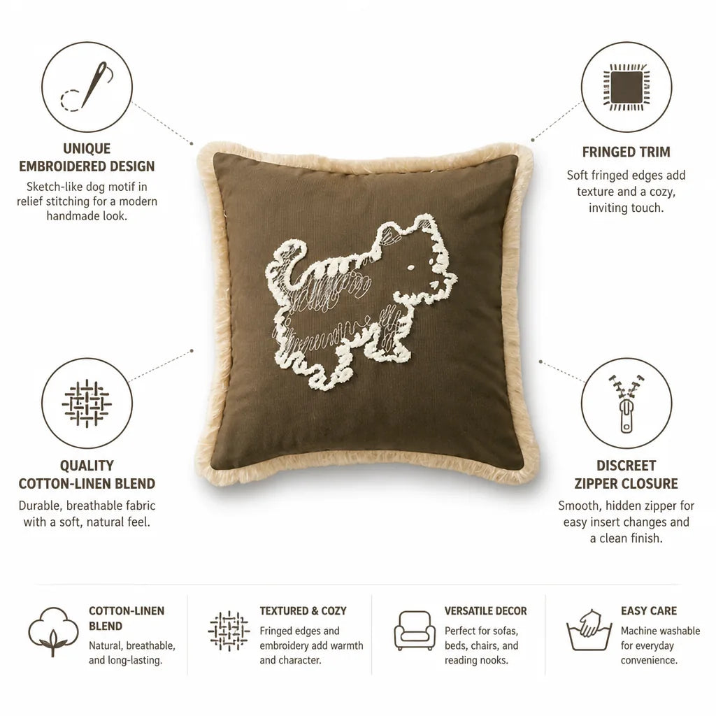 Decorative Pillow Cover Embroidered Dog Fringed Cotton-Linen