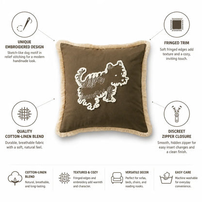 Decorative Pillow Cover Embroidered Dog Fringed Cotton-Linen