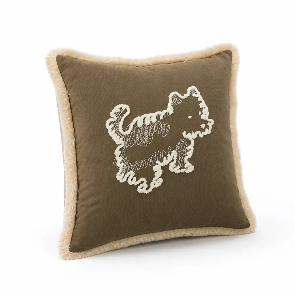 Decorative Pillow Cover Embroidered Dog Fringed Cotton-Linen