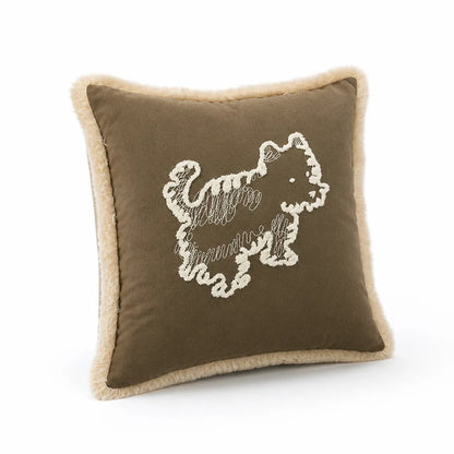 Decorative Pillow Cover Embroidered Dog Fringed Cotton-Linen