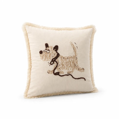 Decorative Pillow Cover Embroidered Dog Fringed Cotton-Linen