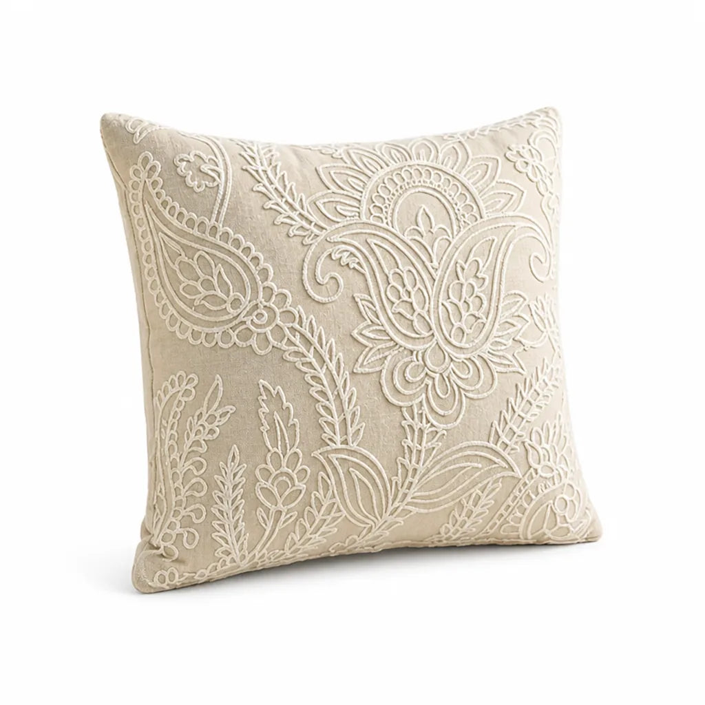 Decorative Pillow Cover Paisley Relief Embroidery Linen-Look