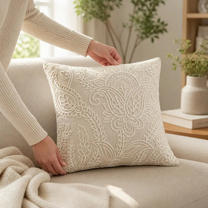 Decorative Pillow Cover Paisley Relief Embroidery Linen-Look