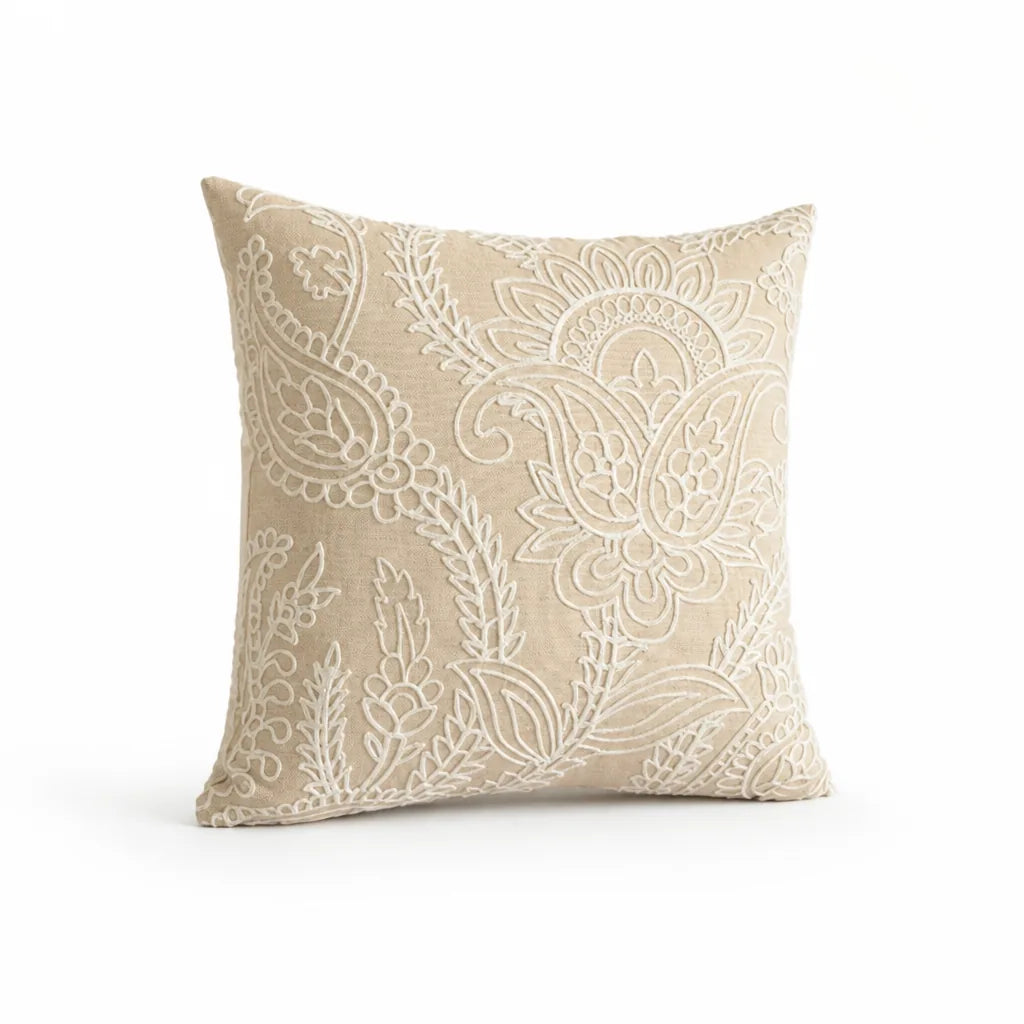 Decorative Pillow Cover Paisley Relief Embroidery Linen-Look