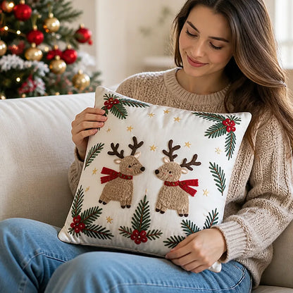 Decorative Pillow Embroidered Reindeer Removable Cover 18x18