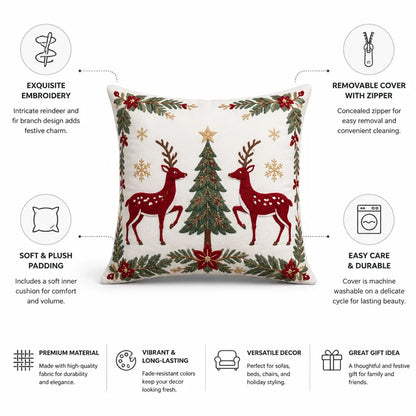 Decorative Pillow Embroidered Reindeer Removable Cover 18x18