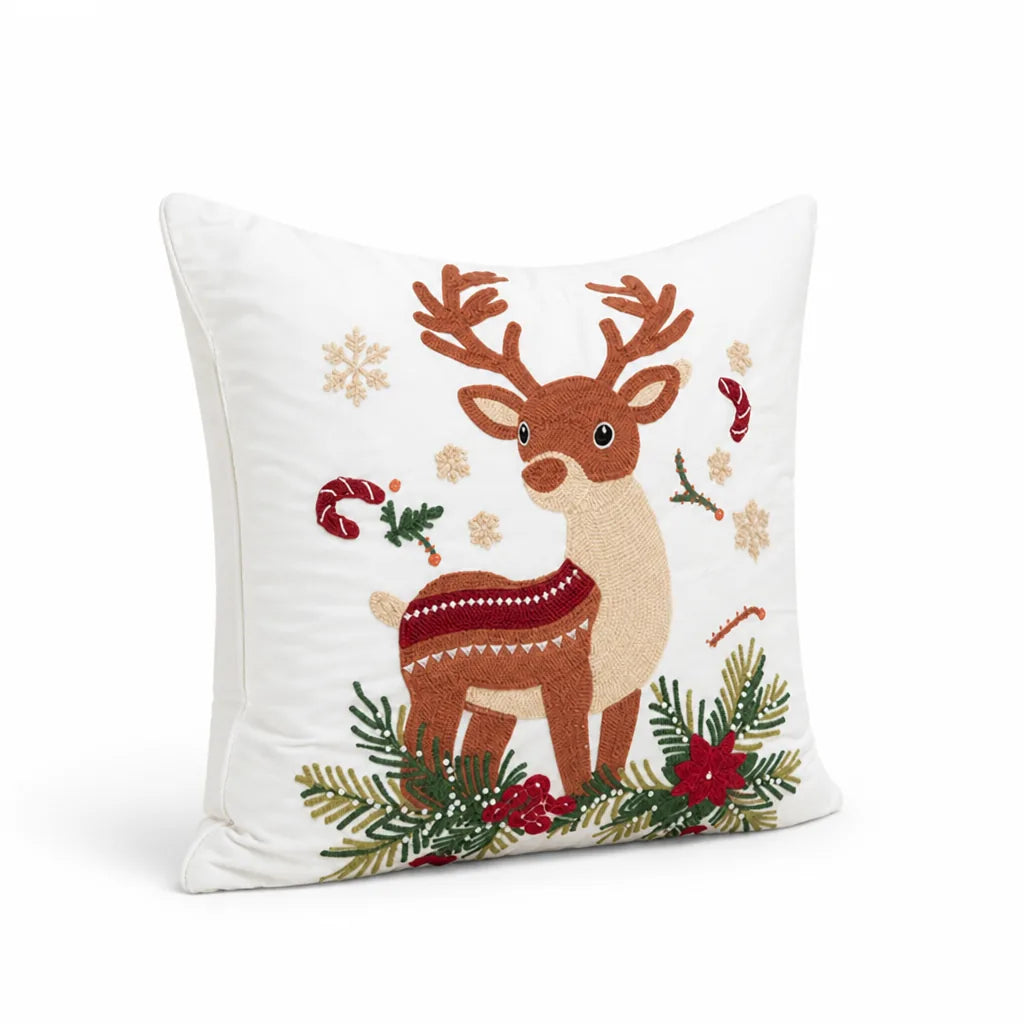 Decorative Pillow Embroidered Reindeer Removable Cover 18x18
