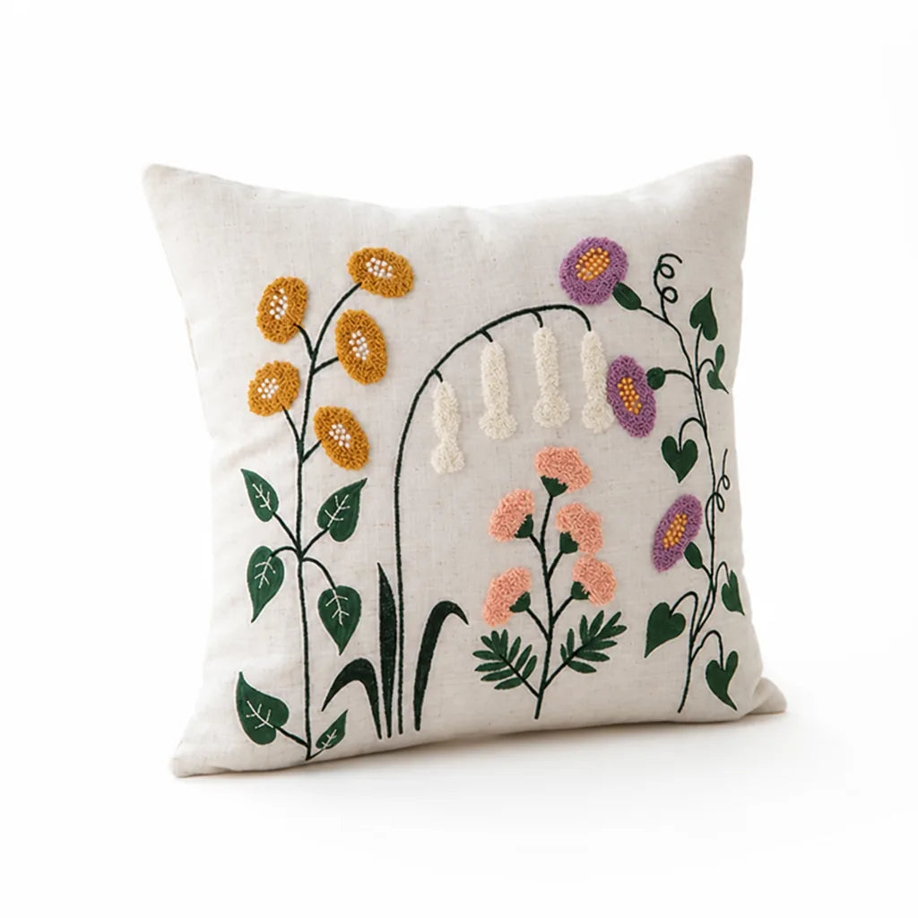 Decorative Pillow Linen Floral Embroidery Removable Cover