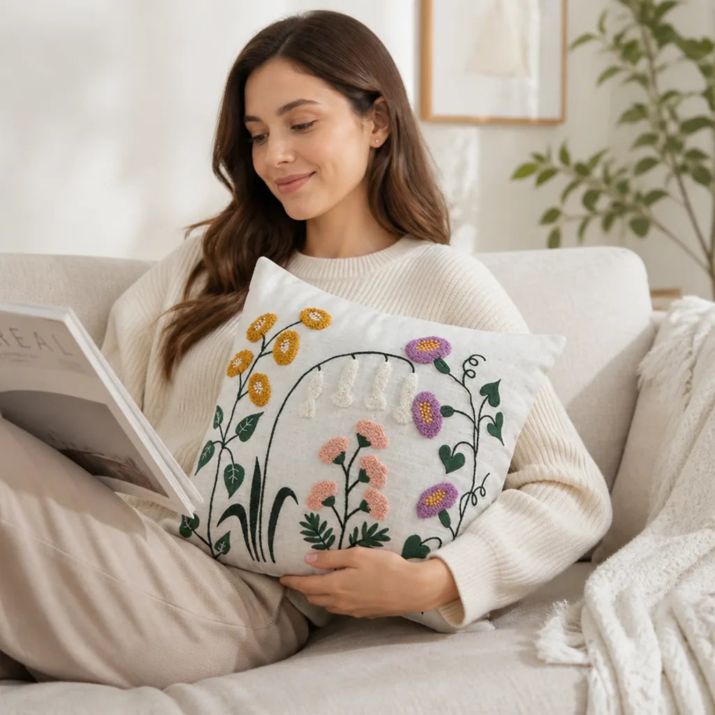 Decorative Pillow Linen Floral Embroidery Removable Cover