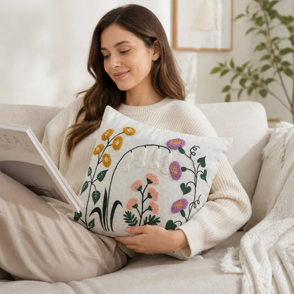 Decorative Pillow Linen Floral Embroidery Removable Cover