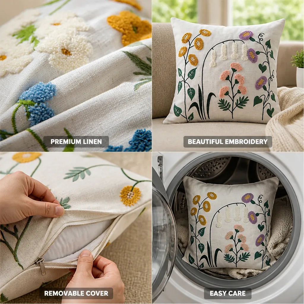 Decorative Pillow Linen Floral Embroidery Removable Cover