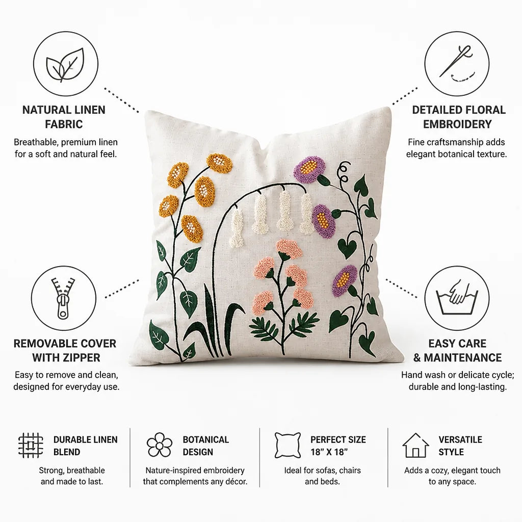 Decorative Pillow Linen Floral Embroidery Removable Cover