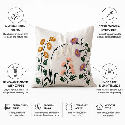 Decorative Pillow Linen Floral Embroidery Removable Cover