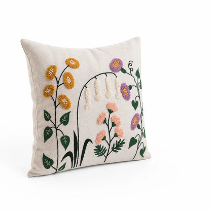 Decorative Pillow Linen Floral Embroidery Removable Cover