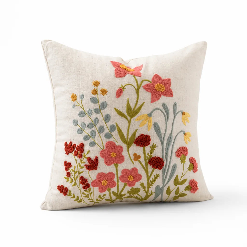 Decorative Pillow Linen Floral Embroidery Removable Cover