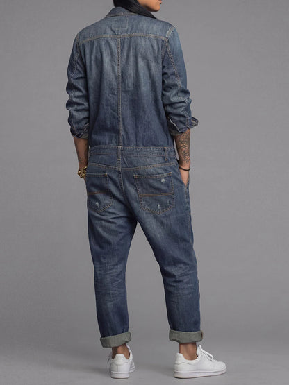 Denim Jumpsuit Lightweight Cotton Utility Pockets Button Front
