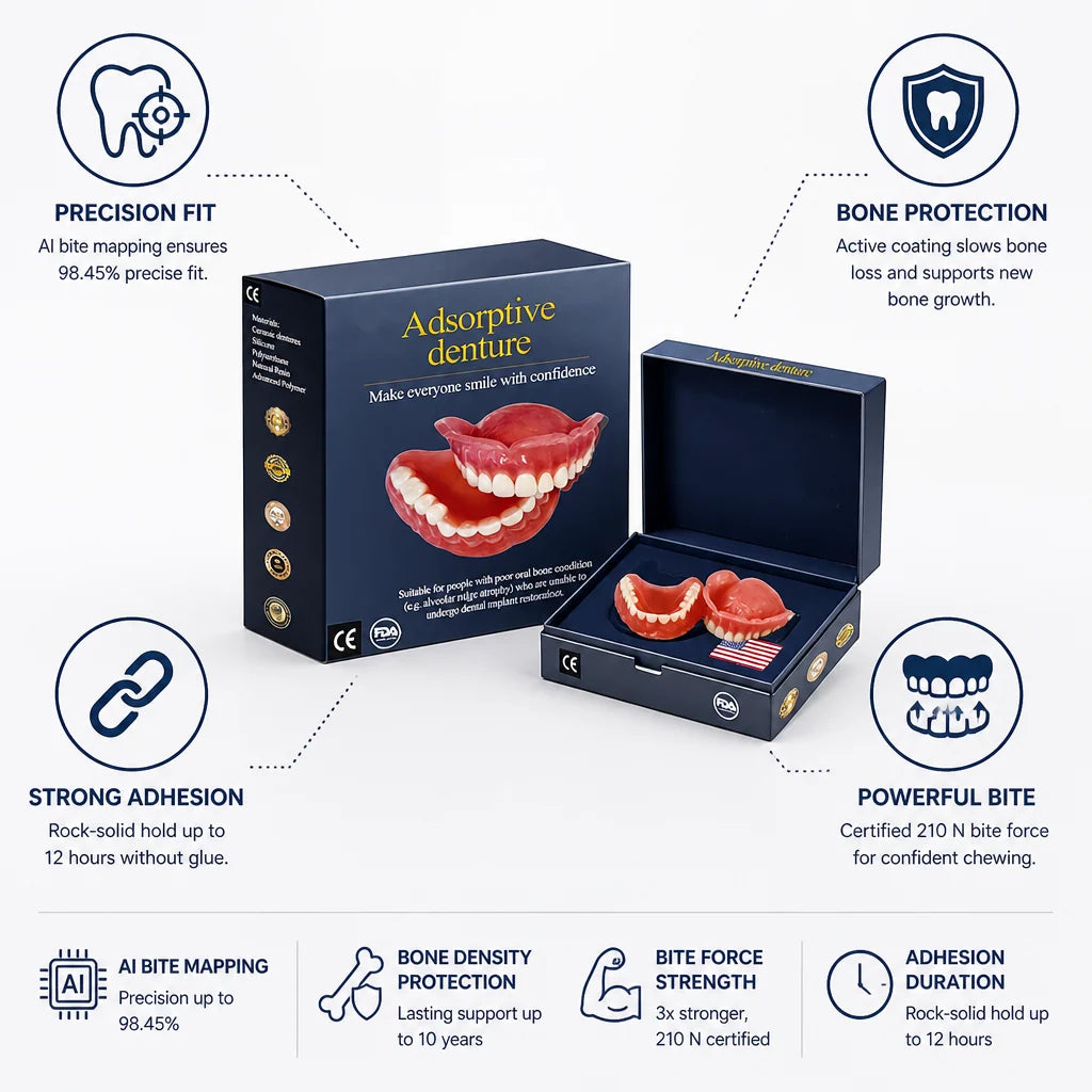 Dentures Custom-Fit Upper & Lower Glue-Free 12-Hour Hold