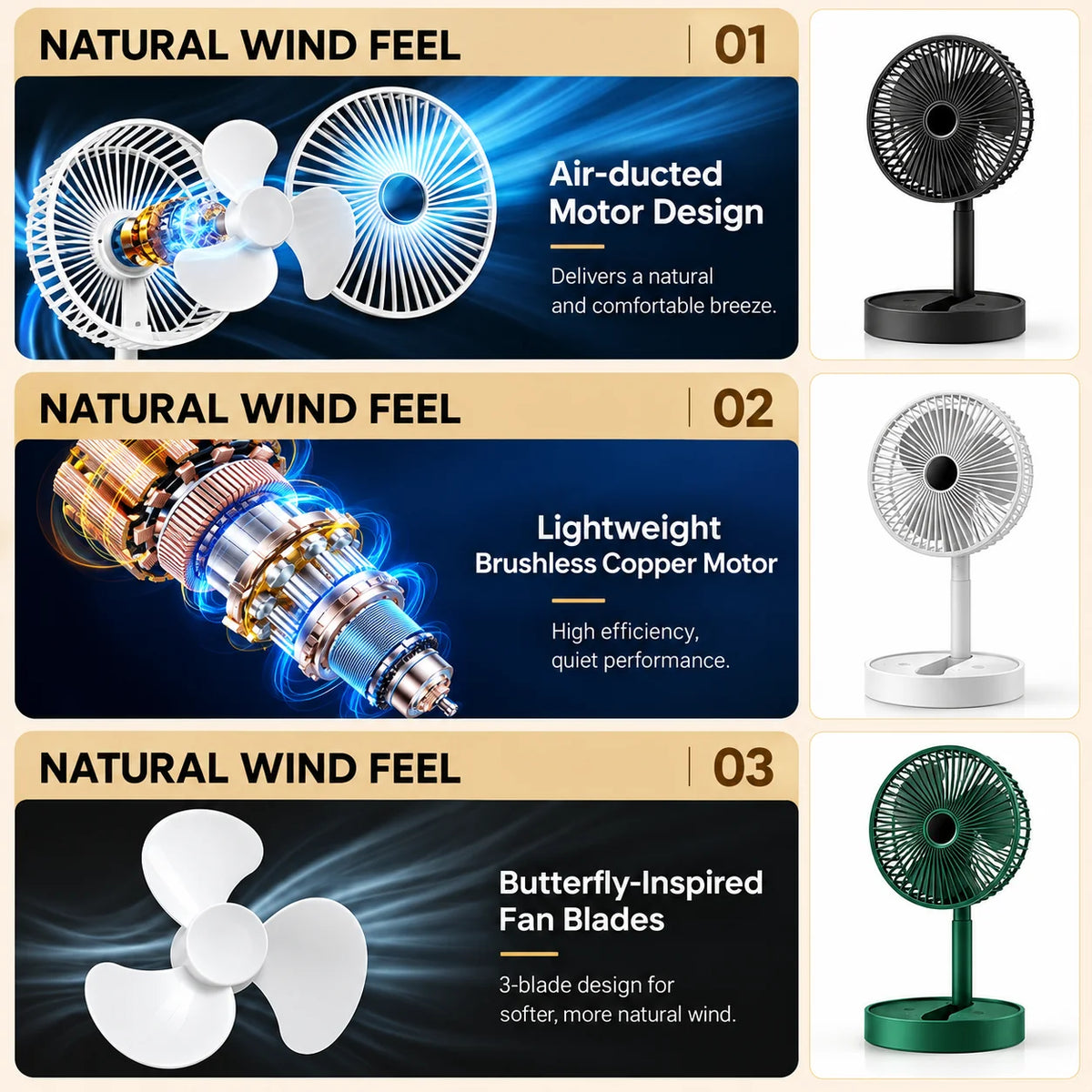 Desk Fan Foldable Telescopic USB Rechargeable