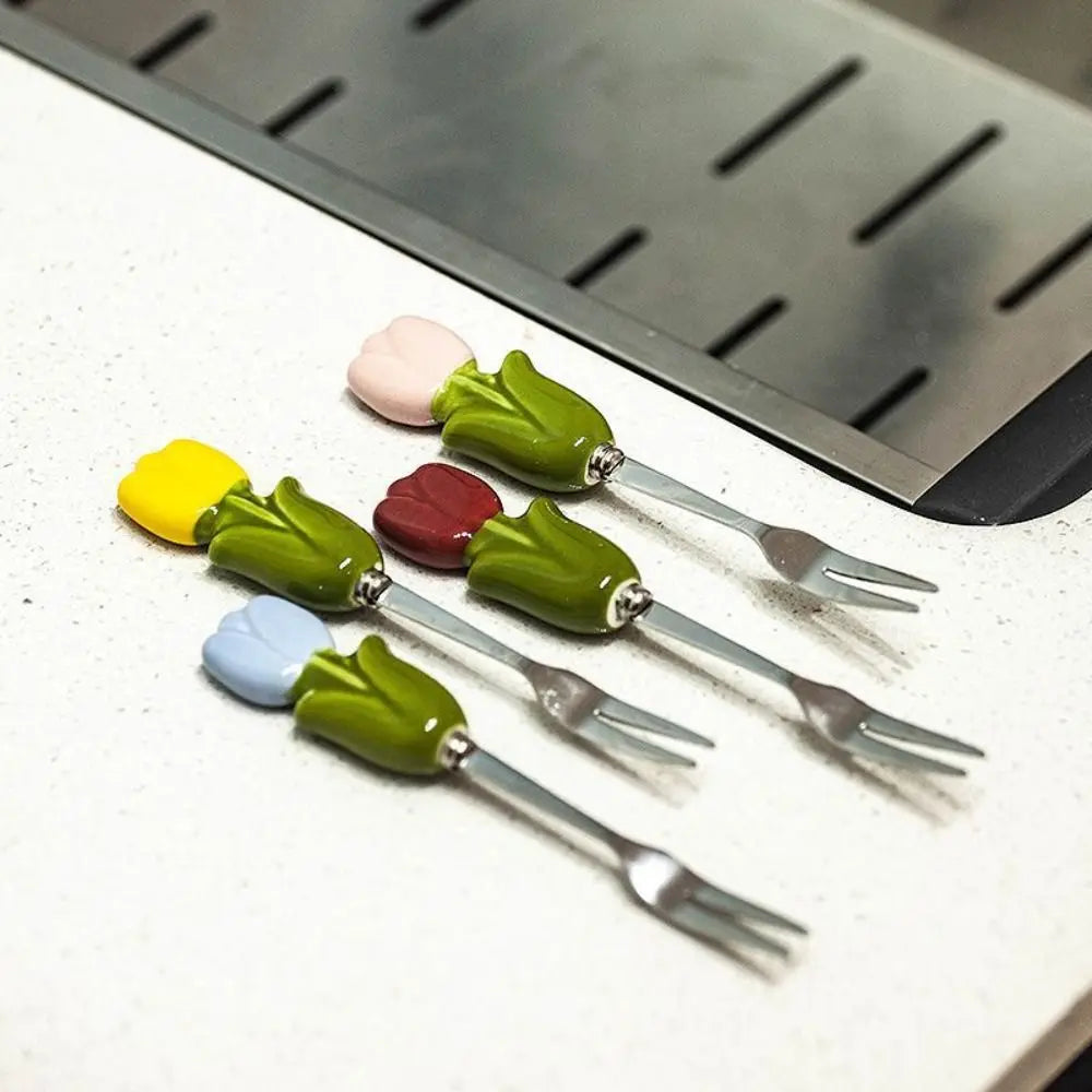 Dessert Fork Set Tulip-Shaped Stainless Steel With Ceramic Jar