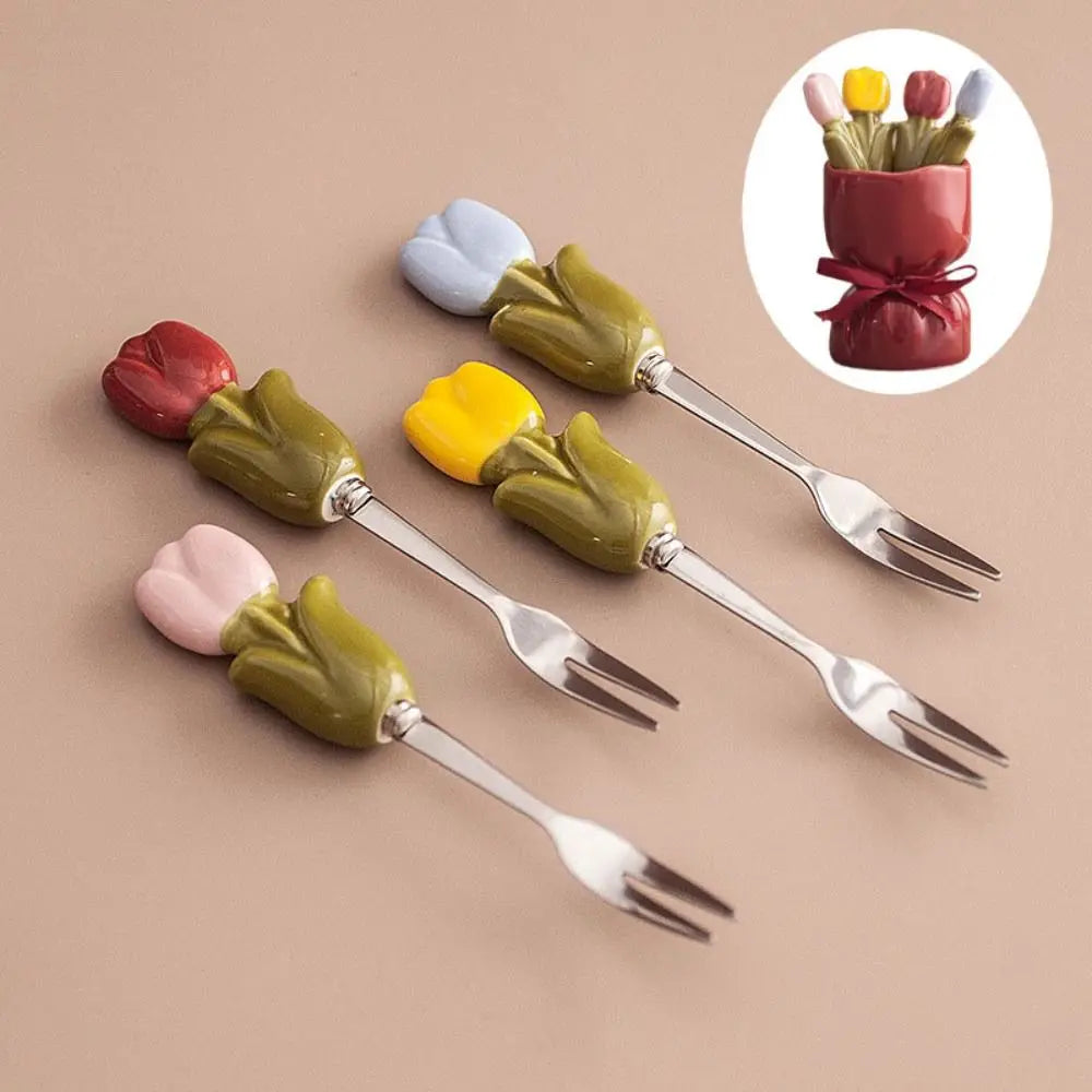 Dessert Fork Set Tulip-Shaped Stainless Steel With Ceramic Jar