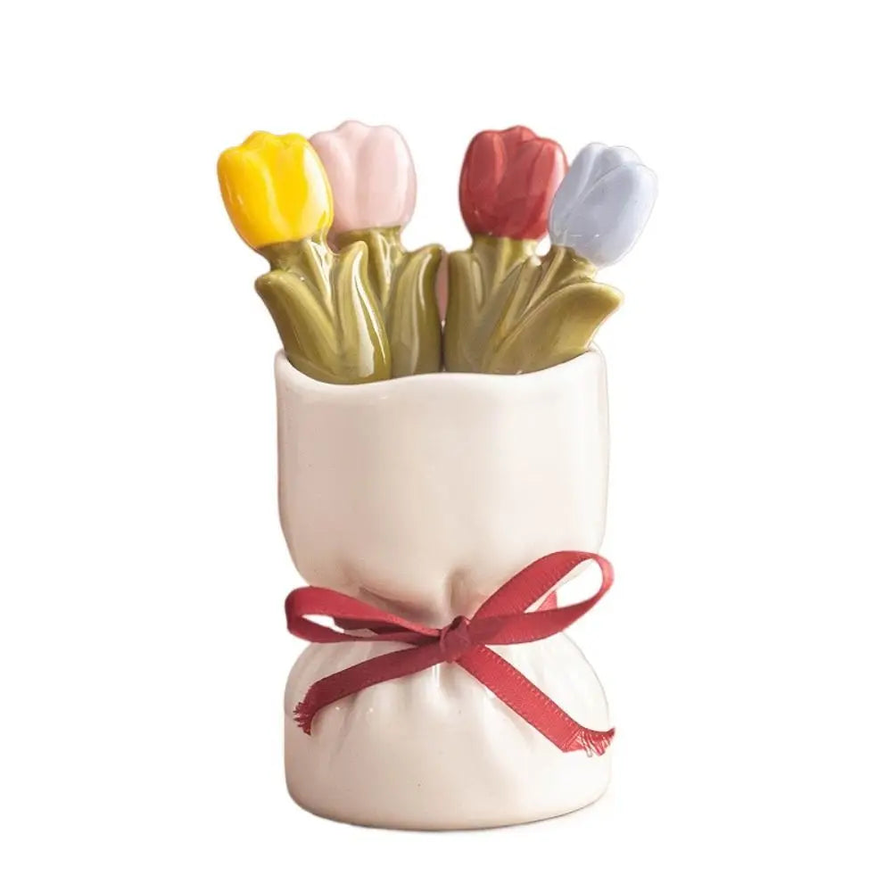 Dessert Fork Set Tulip-Shaped Stainless Steel With Ceramic Jar