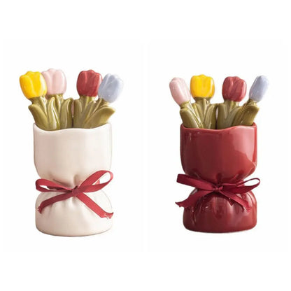 Dessert Fork Set Tulip-Shaped Stainless Steel With Ceramic Jar