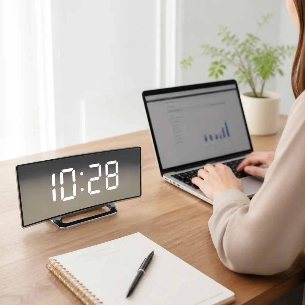 Digital Alarm Clock Curved LED Auto Dimming Temperature Display