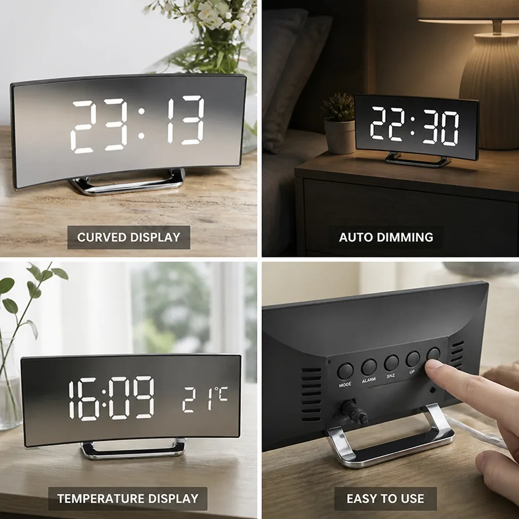 Digital Alarm Clock Curved LED Auto Dimming Temperature Display